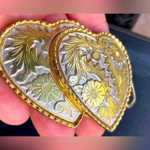 Vintage Mini Silver/Gold Double Floral Belt Buckle - Picture 2 of 10